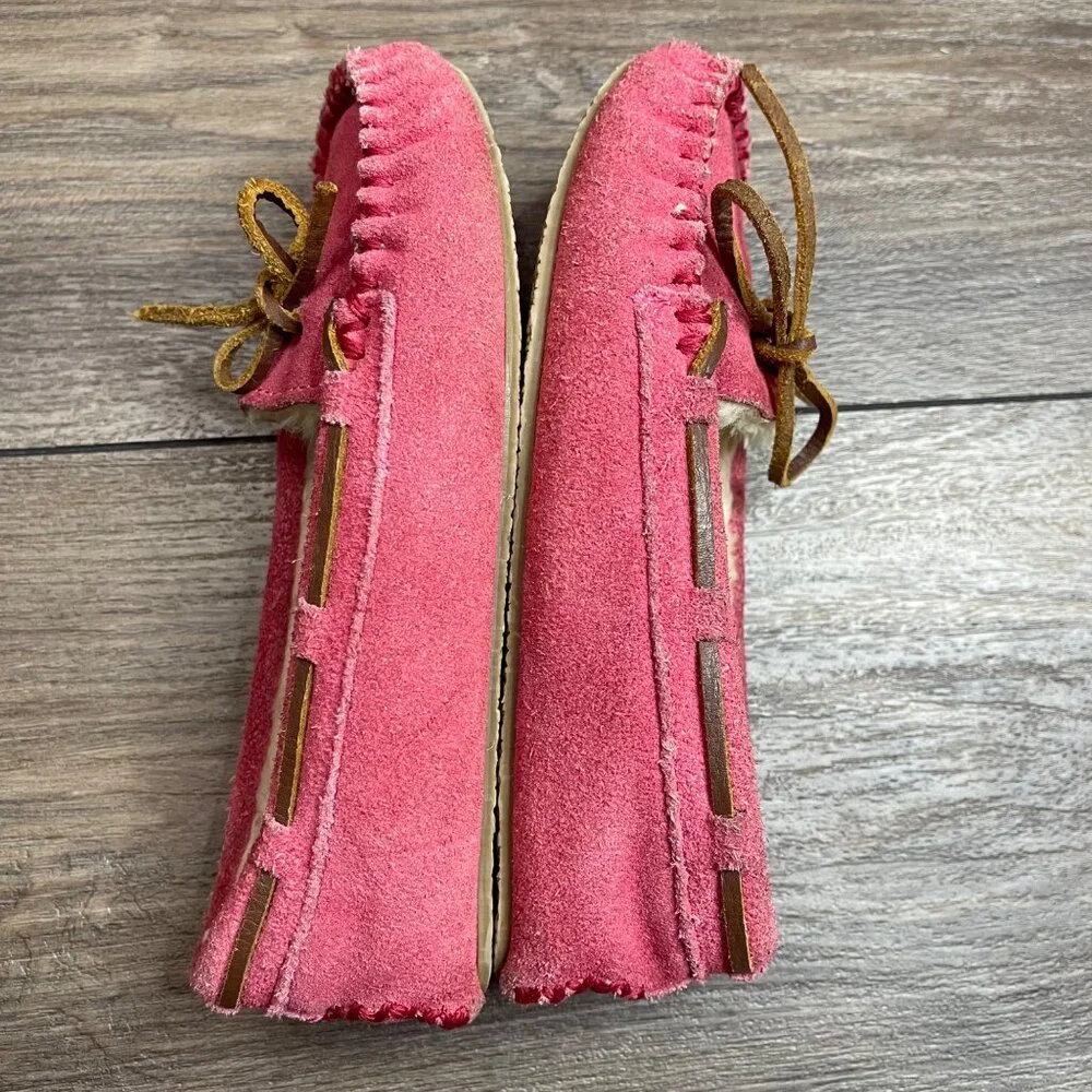 Minnetonka Cassie Moc Slippers Girls Size 1 Pink Suede Leather‎ Faux Fur Lining